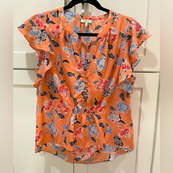Joie Crisbell Flutter Sleeve Button Front Floral Blouse Persimmon Peach, Small - Picture 5 of 8